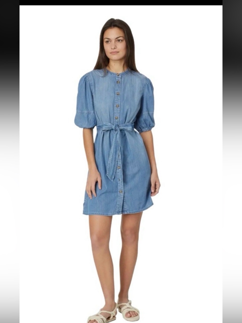Sanctuary Hit The Scene Denim Button-Front Puff Sleeve Tie-Waist Dress
